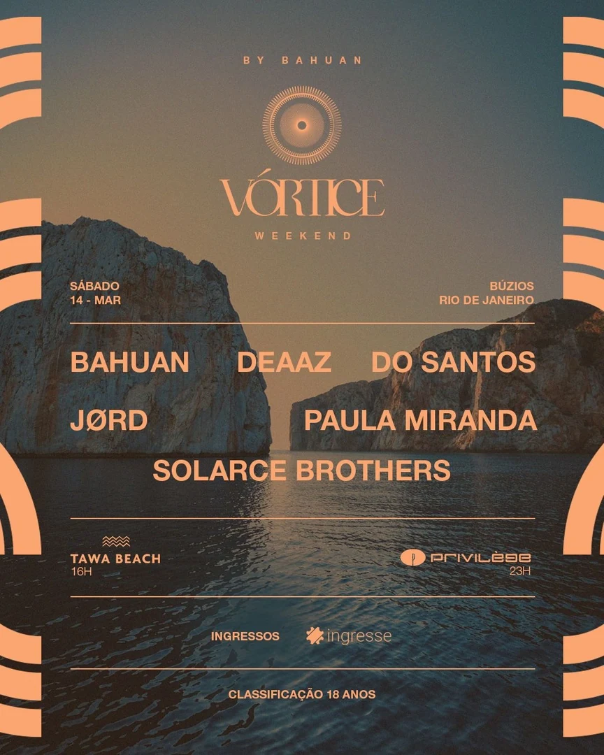 Flyer do Vórtice Weekend de 14 de março, Tawa Beach e Privilège, Búzios
