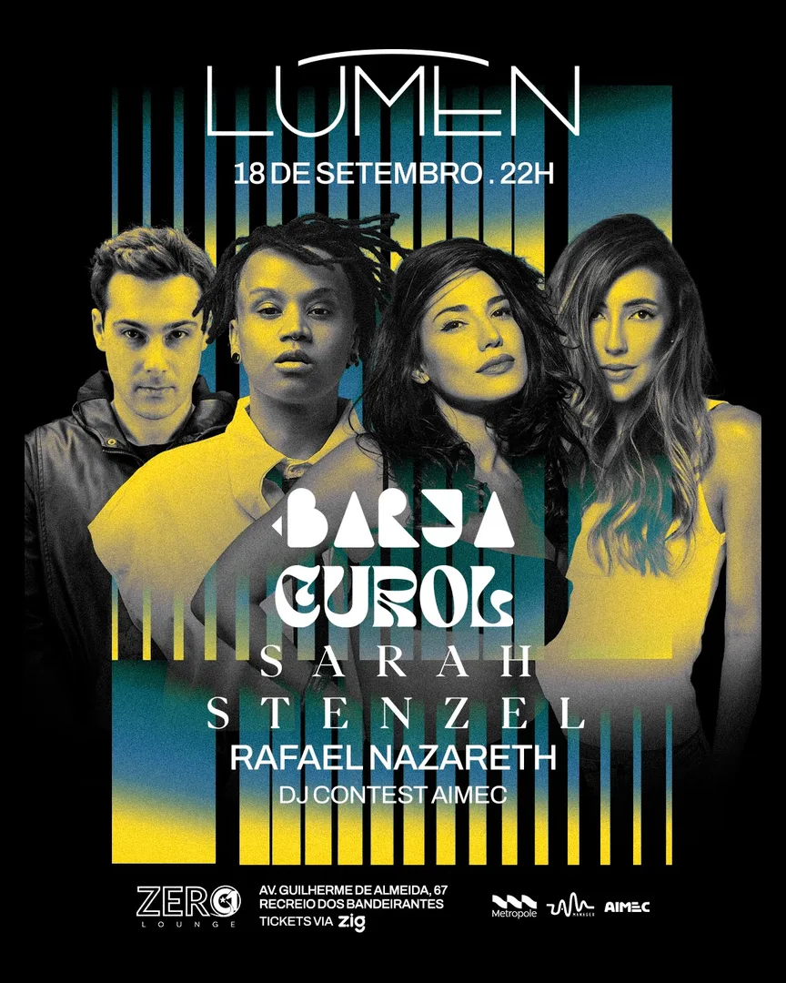 Flyer da Lúmen de 18 de setembro no Zero1 Club, Recreio dos Bandeirantes, com Barja, Curol, Sarah Stenzel e Rafael Nazareth